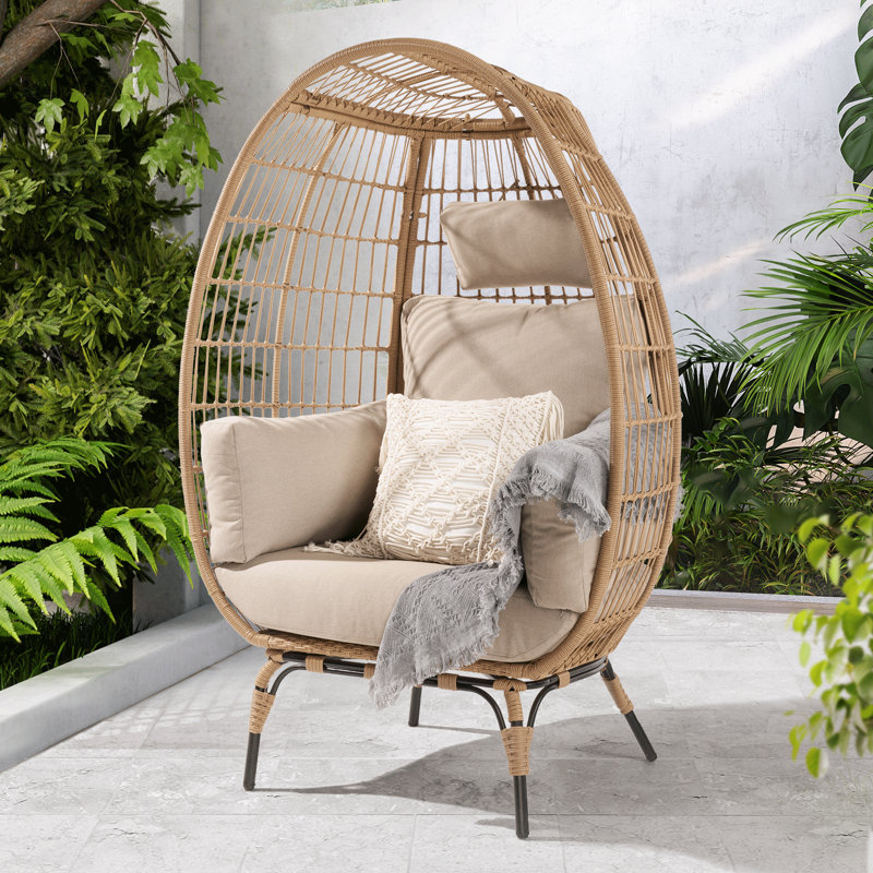 Dakota Fields Cozella Wicker Patio Lounge Chair with Cushion Silver Cloud Brown Base Reviews Wayfair